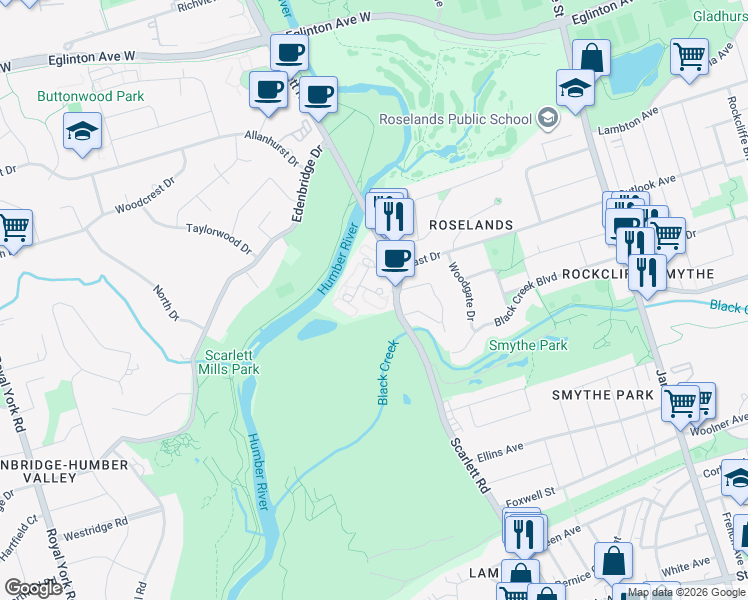map of restaurants, bars, coffee shops, grocery stores, and more near 250 Scarlett Road in Toronto