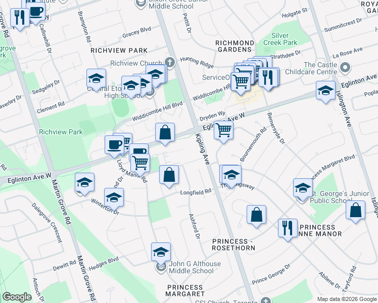 map of restaurants, bars, coffee shops, grocery stores, and more near 25 Warrender Avenue in Toronto