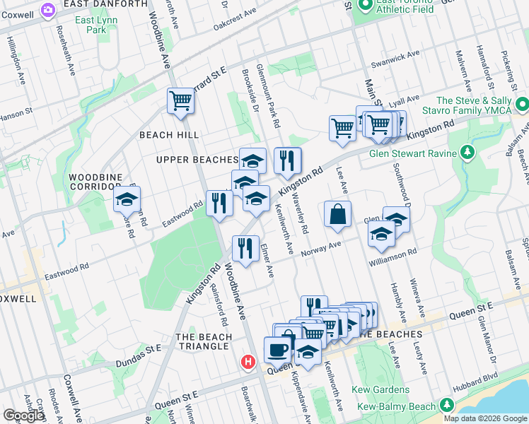 map of restaurants, bars, coffee shops, grocery stores, and more near 389 Kingston Road in Toronto