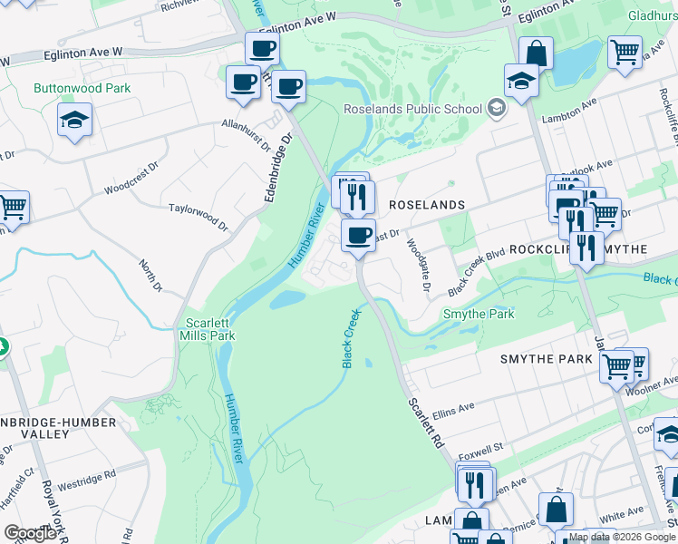 map of restaurants, bars, coffee shops, grocery stores, and more near 240 Scarlett Road in Toronto