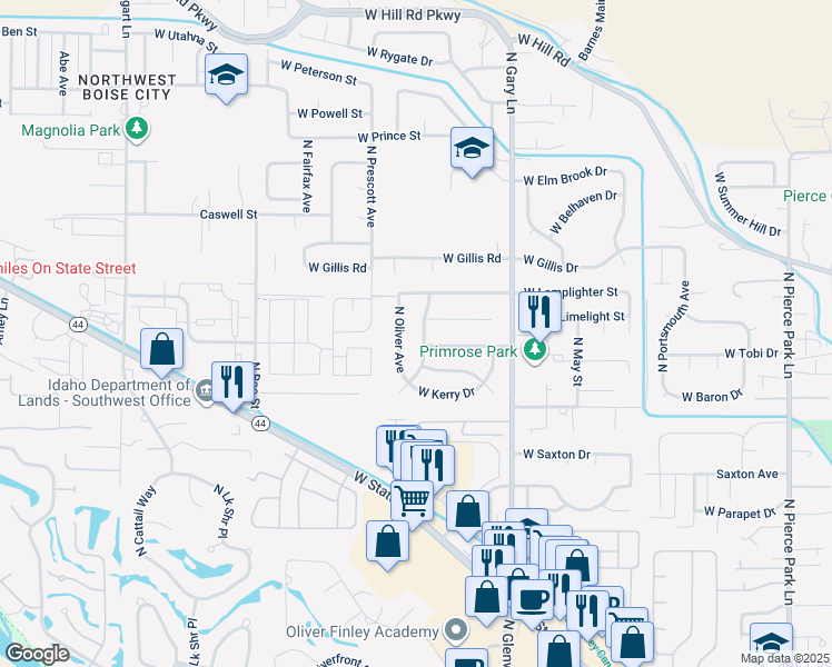 map of restaurants, bars, coffee shops, grocery stores, and more near 6133 North Alder Point Avenue in Boise