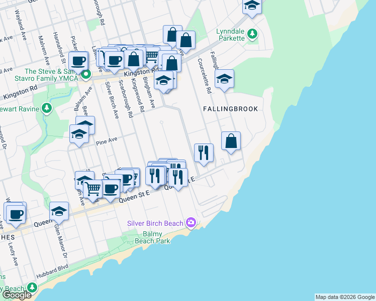 map of restaurants, bars, coffee shops, grocery stores, and more near 38 Victoria Park Avenue in Toronto