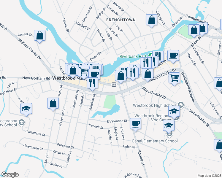 map of restaurants, bars, coffee shops, grocery stores, and more near 810 Main Street in Westbrook