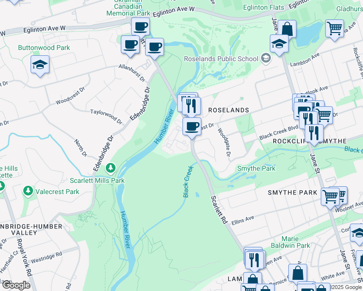 map of restaurants, bars, coffee shops, grocery stores, and more near 240 Scarlett Road in Toronto