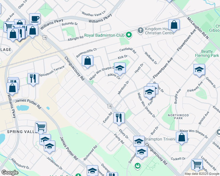 map of restaurants, bars, coffee shops, grocery stores, and more near in Brampton