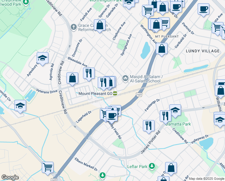 map of restaurants, bars, coffee shops, grocery stores, and more near 56 Trackside Lane in Brampton
