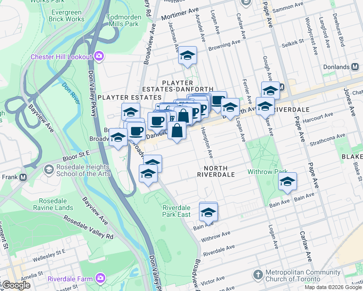 map of restaurants, bars, coffee shops, grocery stores, and more near 79 Dearbourne Avenue in Toronto