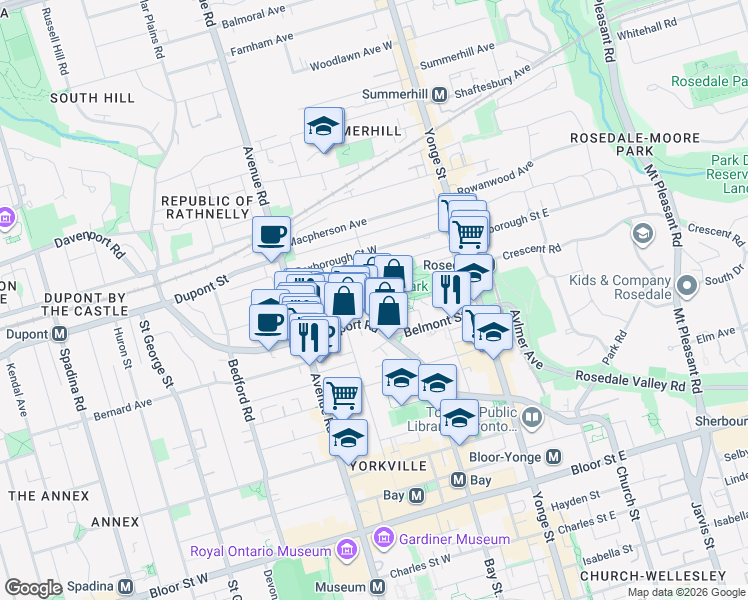 map of restaurants, bars, coffee shops, grocery stores, and more near 50 Hillsboro Avenue in Toronto