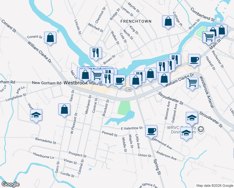 map of restaurants, bars, coffee shops, grocery stores, and more near 810 Main Street in Westbrook