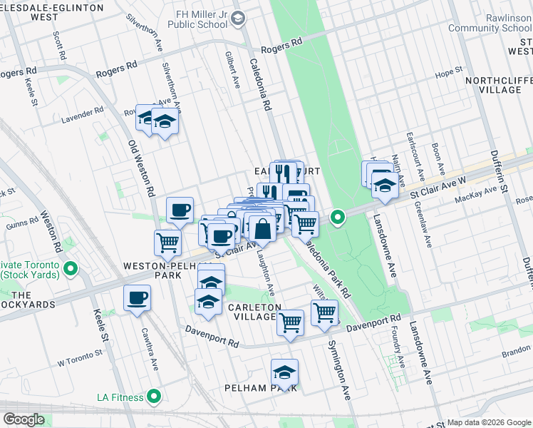 map of restaurants, bars, coffee shops, grocery stores, and more near 2 Grieves Avenue in Toronto