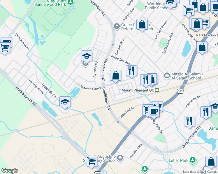 map of restaurants, bars, coffee shops, grocery stores, and more near 67 Ganton Heights in Brampton