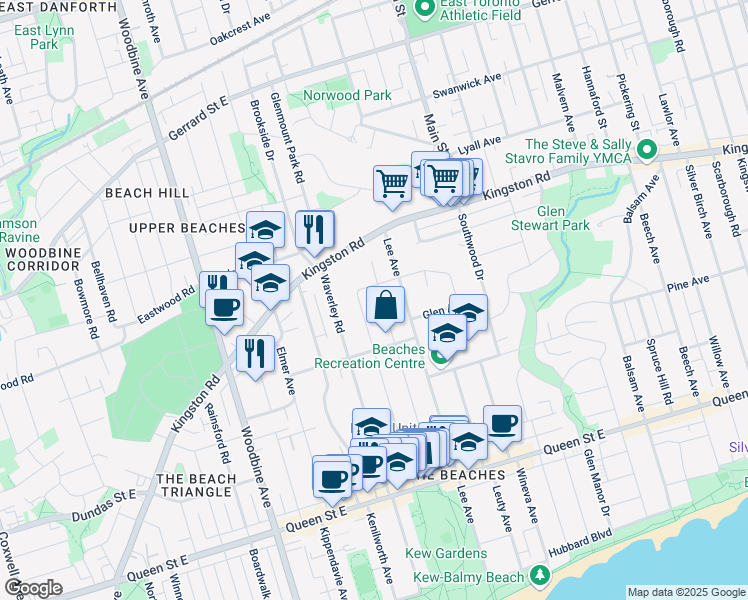 map of restaurants, bars, coffee shops, grocery stores, and more near 161 Bellefair Avenue in Toronto