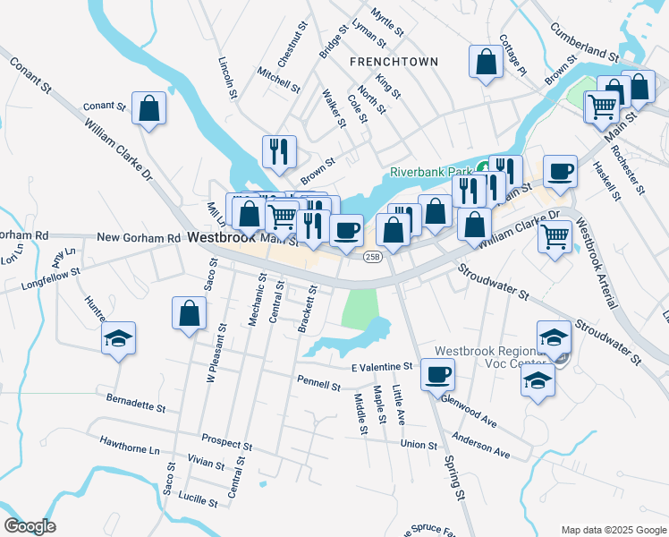 map of restaurants, bars, coffee shops, grocery stores, and more near 25 Church Street in Westbrook