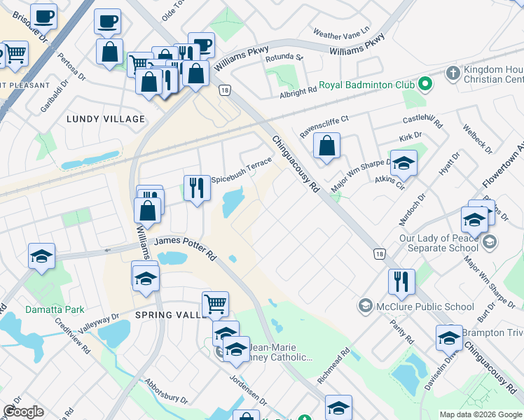 map of restaurants, bars, coffee shops, grocery stores, and more near 2 Fuller Street in Brampton