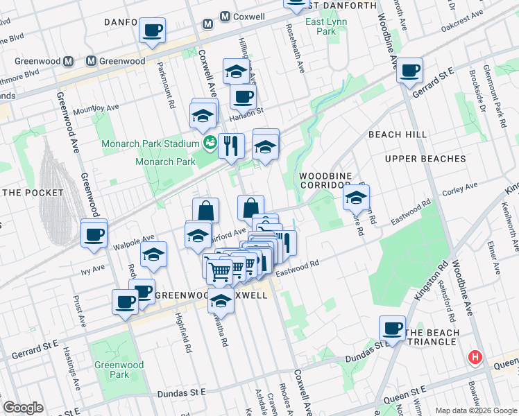 map of restaurants, bars, coffee shops, grocery stores, and more near 1636 Gerrard Street East in Toronto