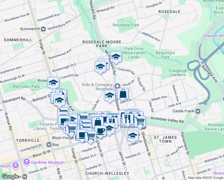 map of restaurants, bars, coffee shops, grocery stores, and more near 128 Mount Pleasant Road in Toronto