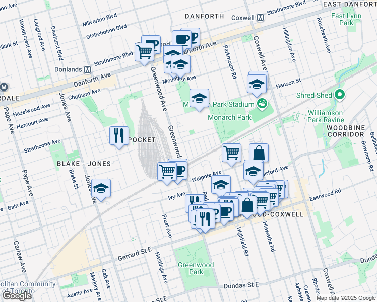 map of restaurants, bars, coffee shops, grocery stores, and more near 25 Unity Road in Toronto