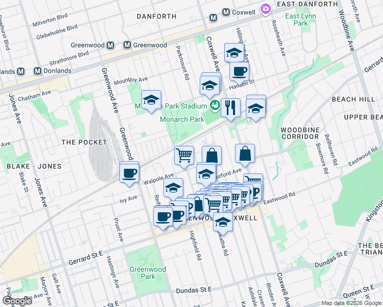 map of restaurants, bars, coffee shops, grocery stores, and more near 268 Hiawatha Road in Toronto