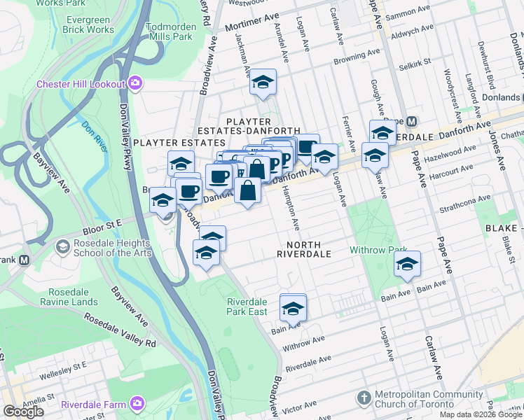 map of restaurants, bars, coffee shops, grocery stores, and more near 89 Dearbourne Avenue in Toronto