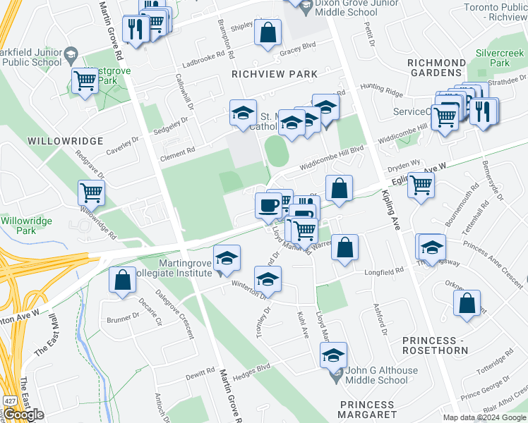 map of restaurants, bars, coffee shops, grocery stores, and more near in Toronto