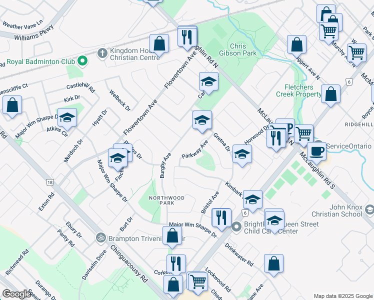 map of restaurants, bars, coffee shops, grocery stores, and more near 29 Parkway Avenue in Brampton