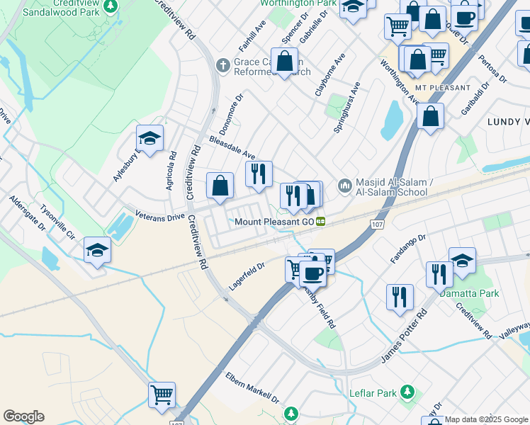 map of restaurants, bars, coffee shops, grocery stores, and more near in Brampton