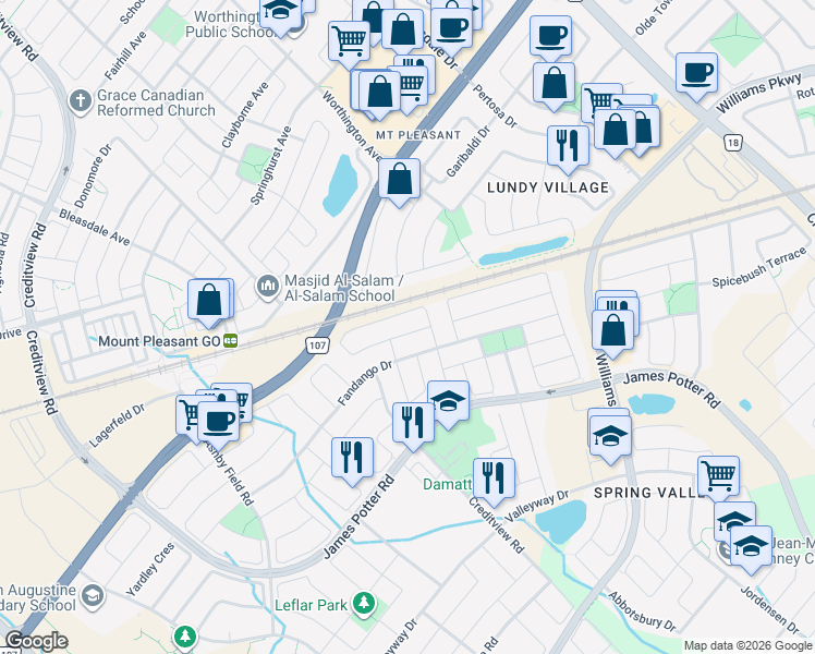 map of restaurants, bars, coffee shops, grocery stores, and more near 161 Decker Hollow Circle in Brampton