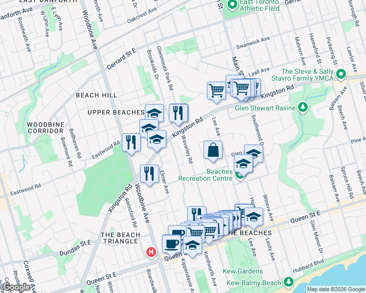 map of restaurants, bars, coffee shops, grocery stores, and more near 332 Waverley Road in Toronto