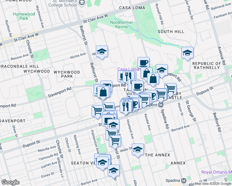 map of restaurants, bars, coffee shops, grocery stores, and more near in Toronto