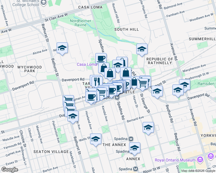 map of restaurants, bars, coffee shops, grocery stores, and more near in Toronto