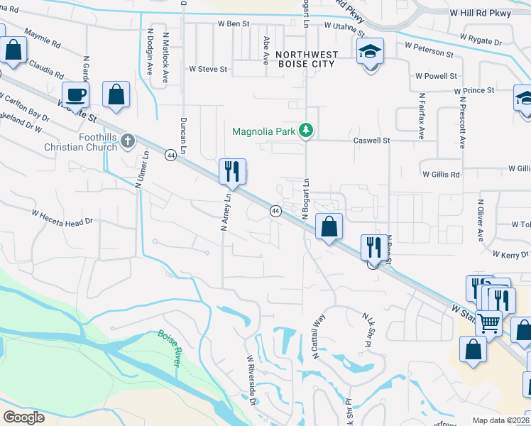 map of restaurants, bars, coffee shops, grocery stores, and more near 8925 West State Street in Garden City