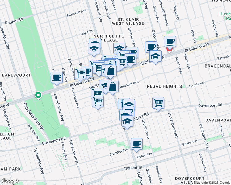 map of restaurants, bars, coffee shops, grocery stores, and more near 1597 Dufferin Street in Toronto