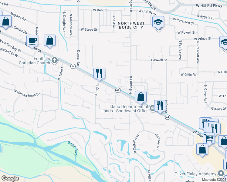 map of restaurants, bars, coffee shops, grocery stores, and more near 8875 West State Street in Garden City