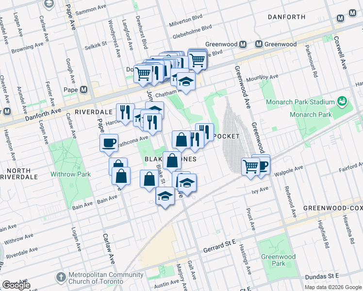 map of restaurants, bars, coffee shops, grocery stores, and more near in Toronto