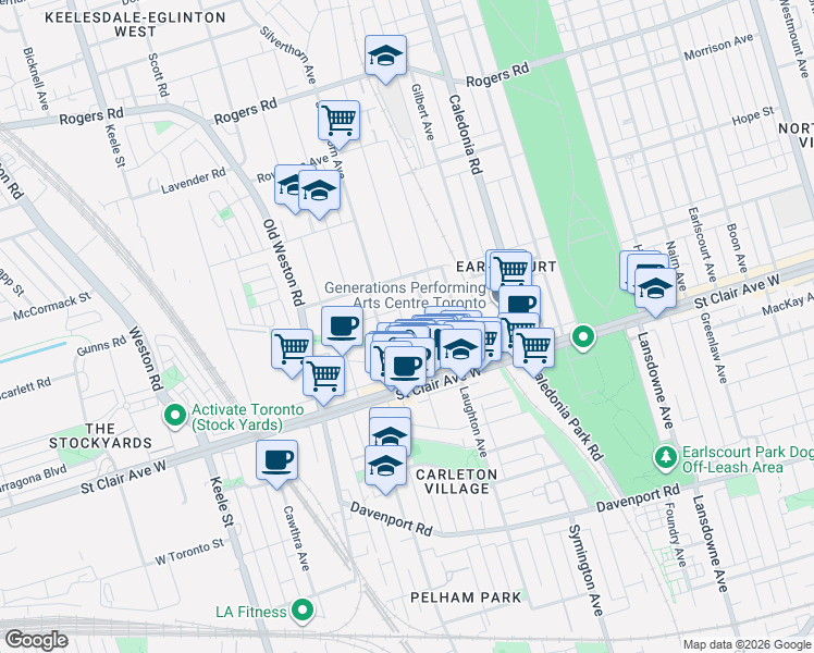 map of restaurants, bars, coffee shops, grocery stores, and more near 67 Carrick Avenue in Toronto