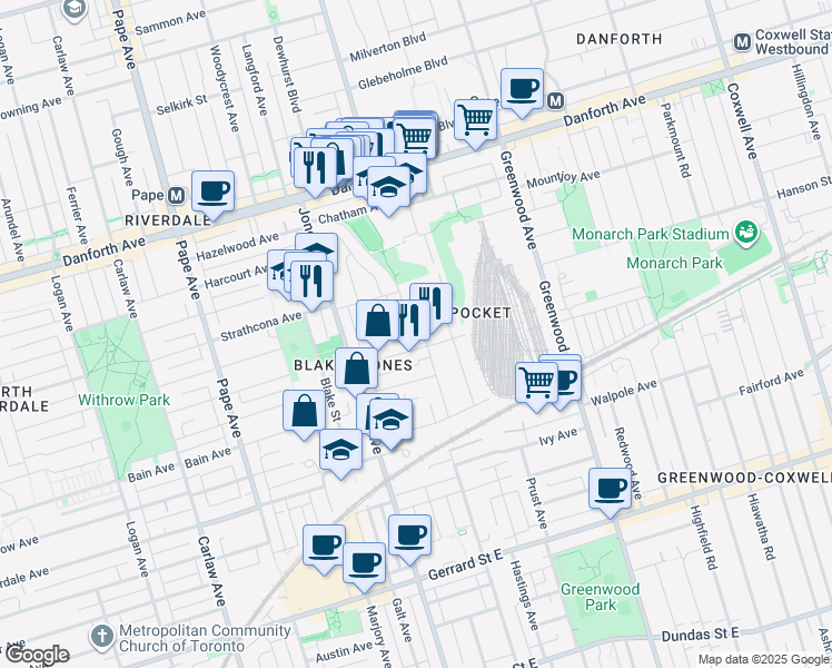 map of restaurants, bars, coffee shops, grocery stores, and more near in Toronto