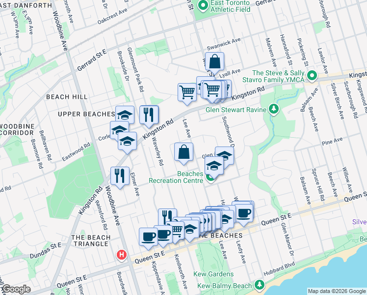 map of restaurants, bars, coffee shops, grocery stores, and more near 179 Wheeler Avenue in Toronto