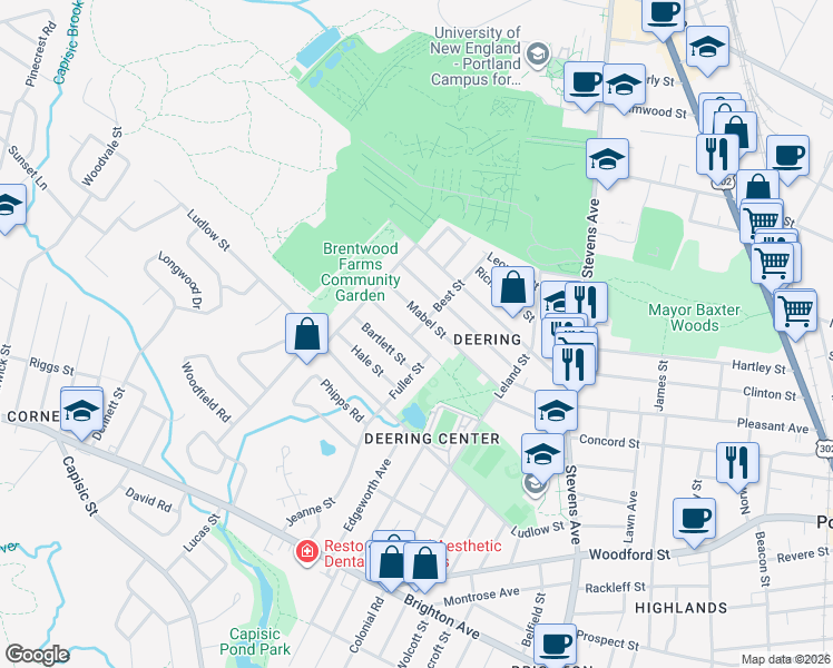 map of restaurants, bars, coffee shops, grocery stores, and more near 61 Madeline Street in Portland