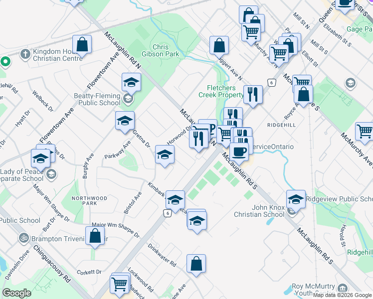 map of restaurants, bars, coffee shops, grocery stores, and more near 20 Kingsmere Crescent in Brampton