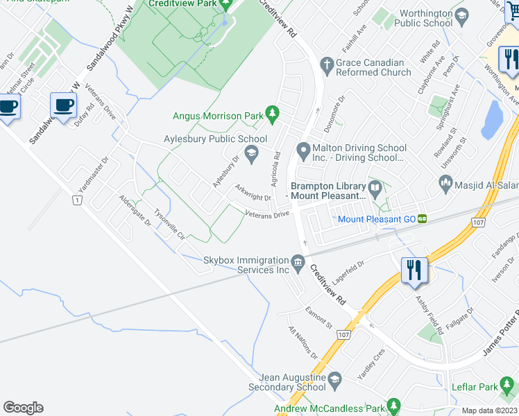 map of restaurants, bars, coffee shops, grocery stores, and more near 13 Bonsai Lane in Brampton