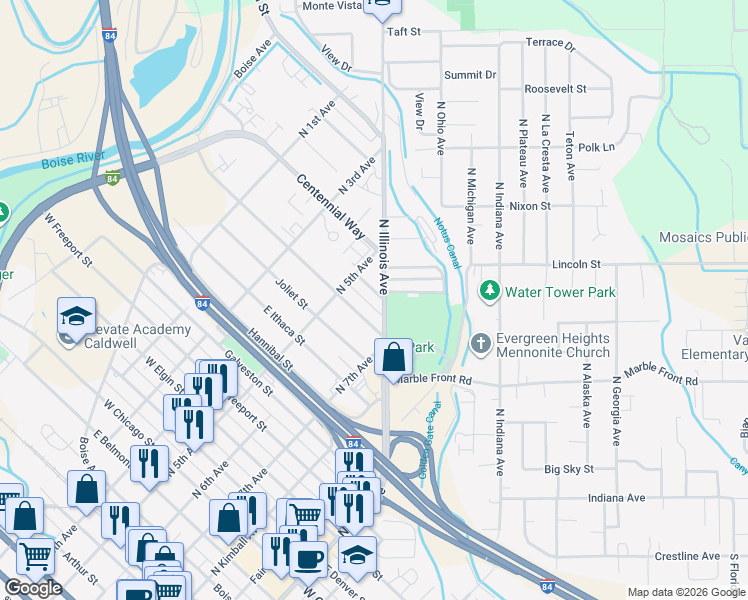 map of restaurants, bars, coffee shops, grocery stores, and more near 606 East Kearney Street in Caldwell