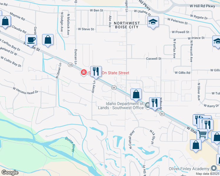 map of restaurants, bars, coffee shops, grocery stores, and more near 8875 West State Street in Garden City