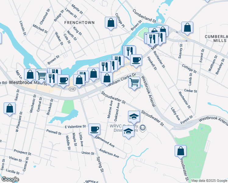 map of restaurants, bars, coffee shops, grocery stores, and more near 78 Stroudwater Street in Westbrook