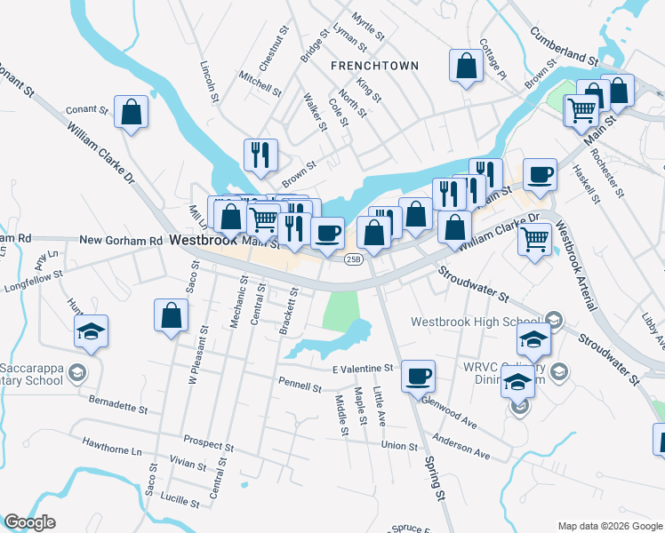 map of restaurants, bars, coffee shops, grocery stores, and more near 810 Main Street in Westbrook