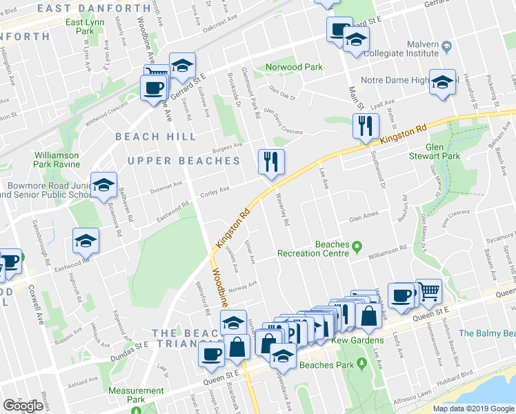 map of restaurants, bars, coffee shops, grocery stores, and more near in Toronto