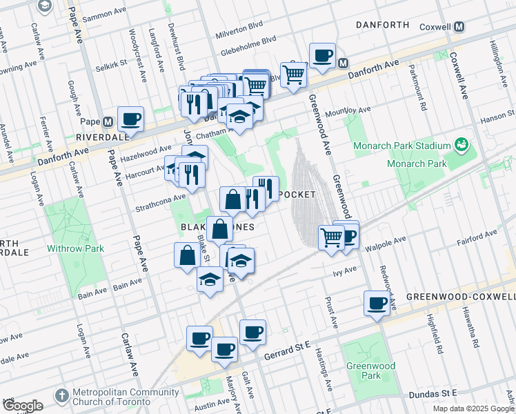 map of restaurants, bars, coffee shops, grocery stores, and more near 49 Condor Avenue in Toronto