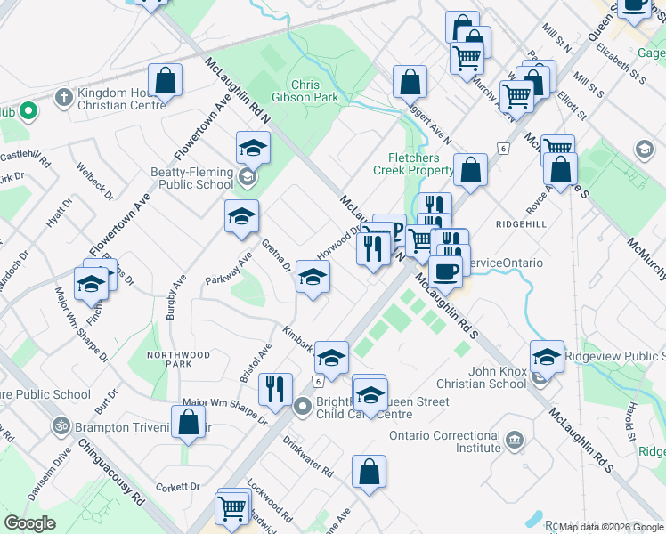 map of restaurants, bars, coffee shops, grocery stores, and more near 12 Ridgetop Avenue in Brampton
