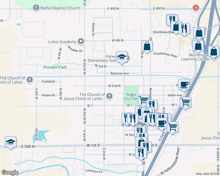 map of restaurants, bars, coffee shops, grocery stores, and more near 259 W 2nd N in Rigby