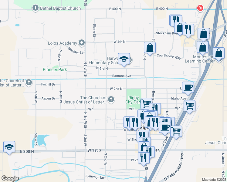 map of restaurants, bars, coffee shops, grocery stores, and more near 259 West 2nd North in Rigby