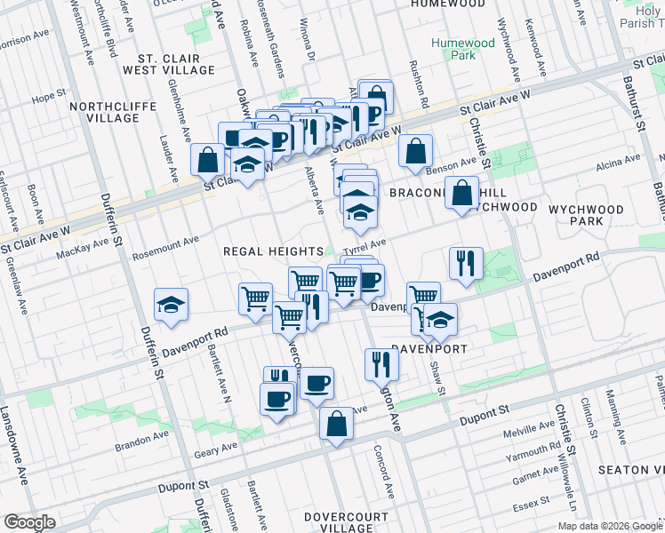 map of restaurants, bars, coffee shops, grocery stores, and more near 46 Alberta Avenue in Toronto